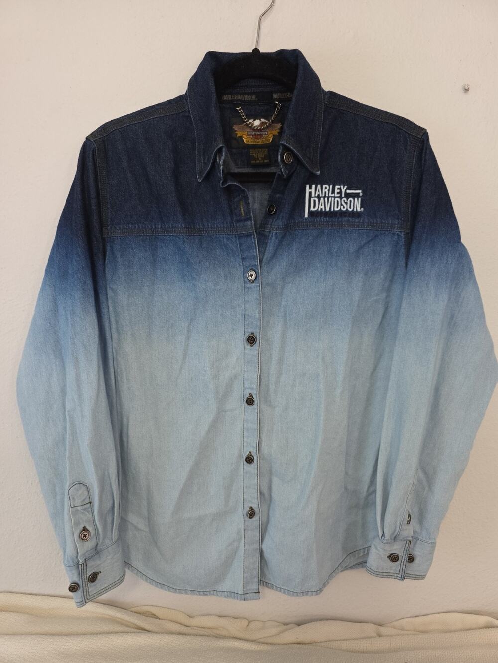 Harley Davidson Denim Button Down Shirt Men's Dyed Blue Ombre Long Sleeve Size S